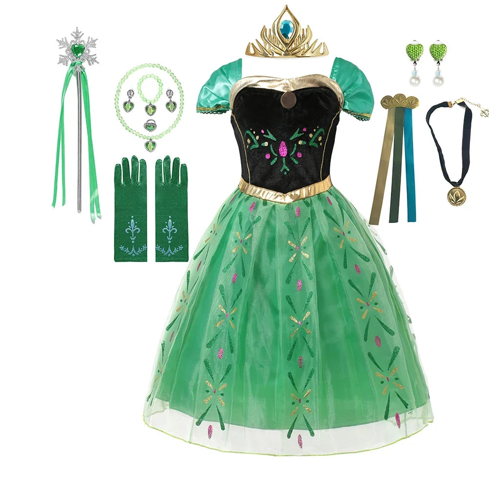 Green kids princess dress with black bodice and gold waist trim, finished with a tulle skirt.