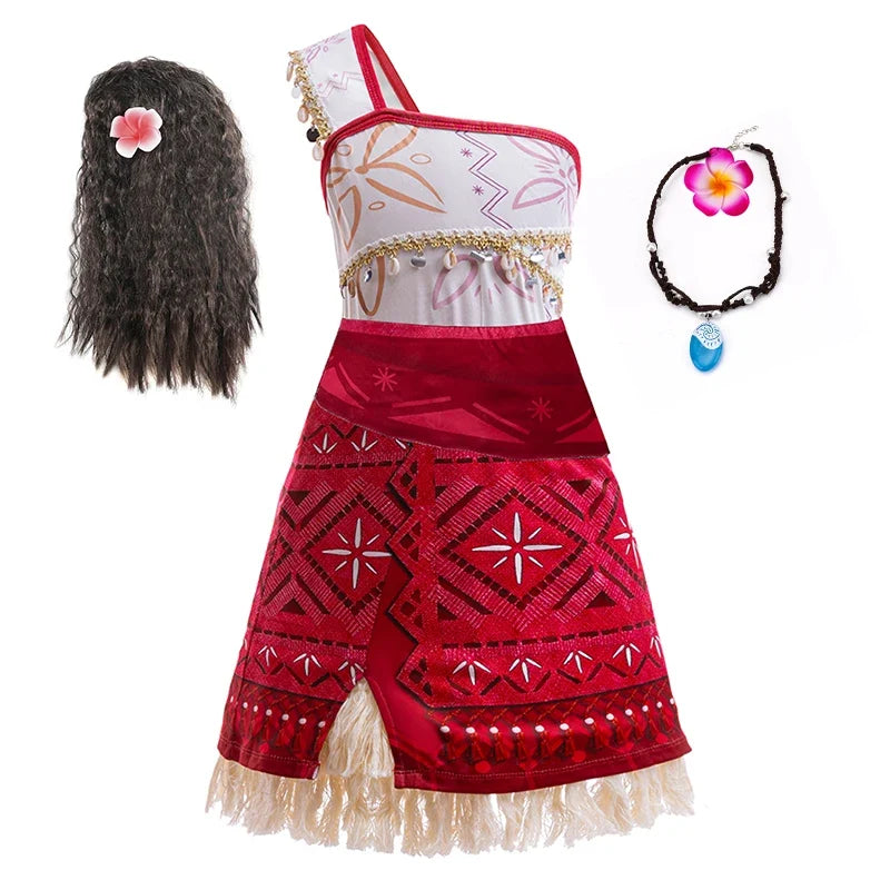 Red and white layered princess Halloween dress with patterned tiers and tulle trim