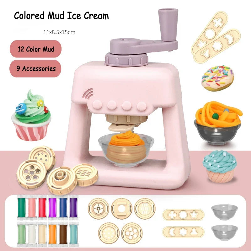 Pink clay noodle maker with purple top chute, ice-cream mold and cookie-style dies