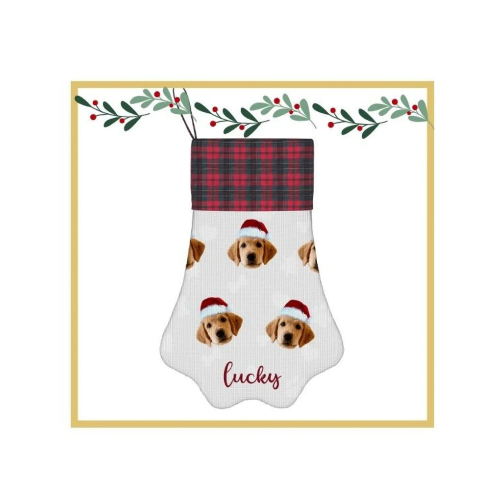 Personalized Christmas stocking, white with red plaid cuff, dog faces and “Lucky”