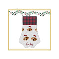 Personalized Christmas stocking, white with red plaid cuff, dog faces and “Lucky”