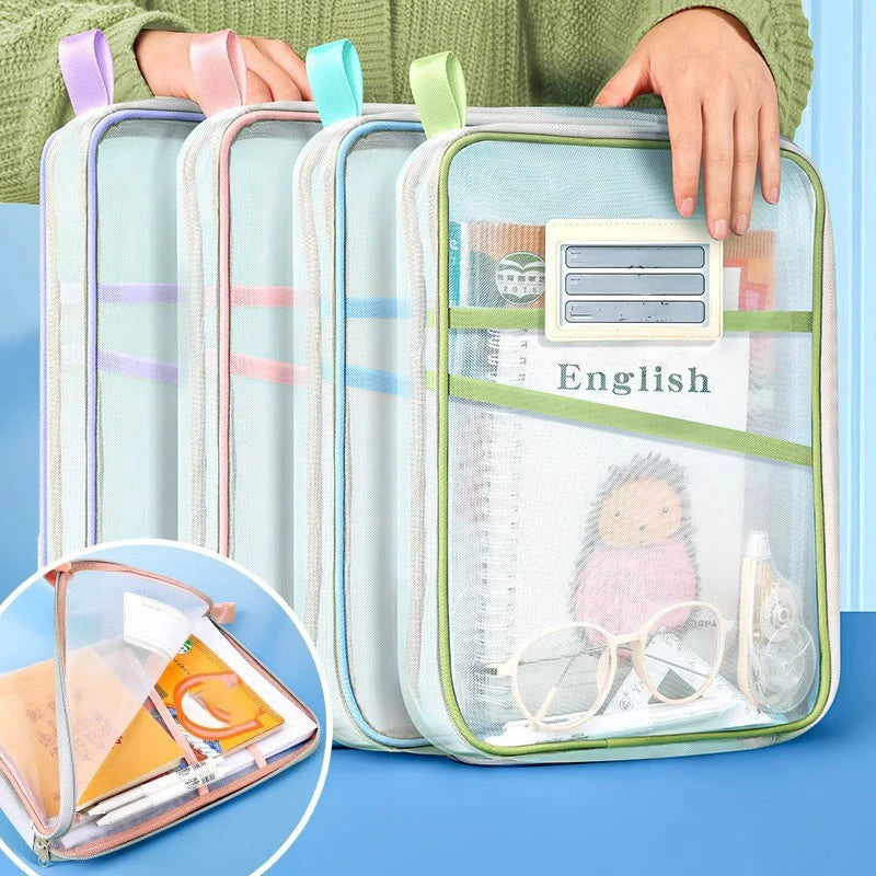 Double-layer mesh zipper stationery storage bag with clear front pocket and papers inside