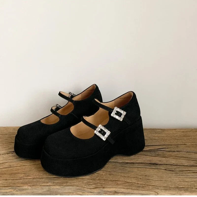 Black suede platform Mary Jane wedge shoes pair with square buckle straps