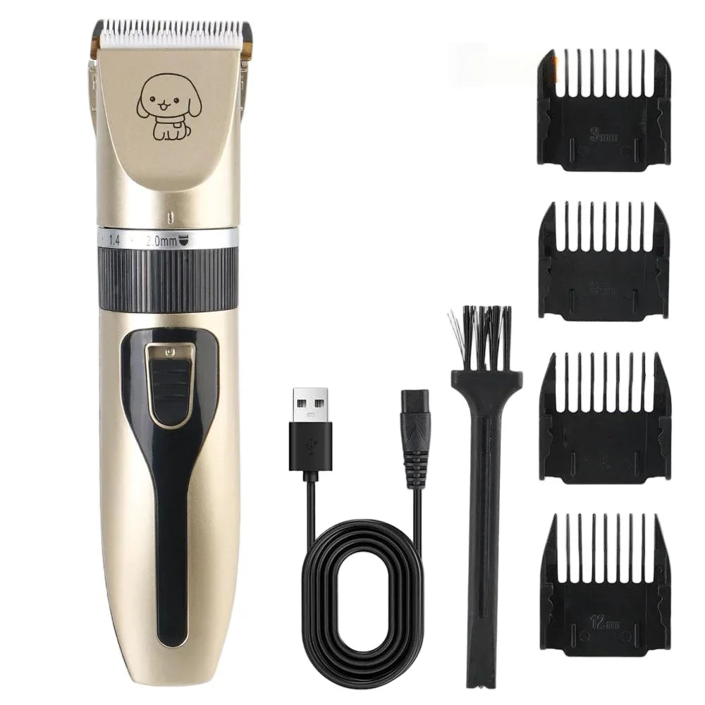 Gold pet clipper kit with USB cable, cleaning brush, and four clipper guards
