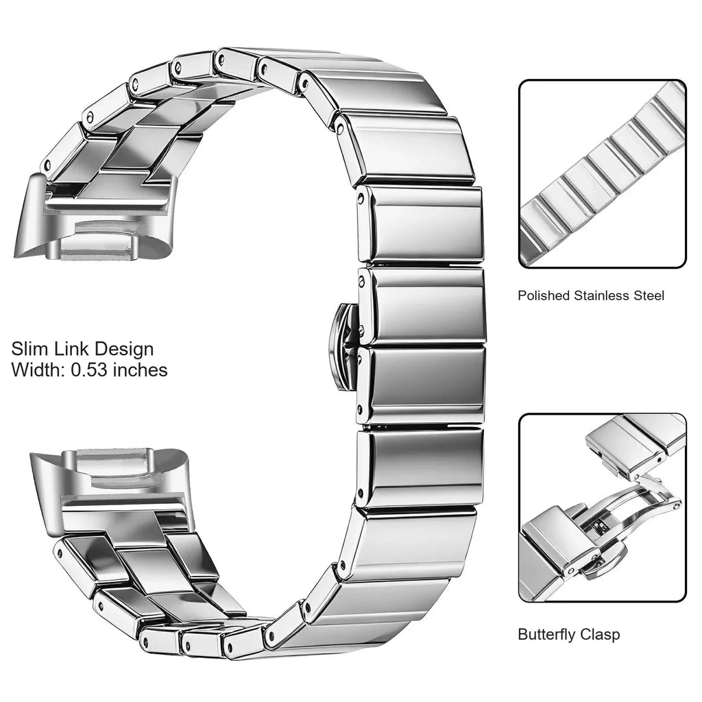 Polished stainless steel slim link band showing clasp and rectangular links