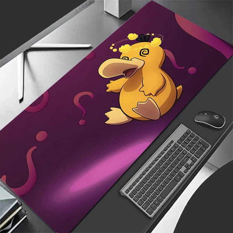 XXL gaming mouse pad with yellow character on purple background, stitched border and rounded corners