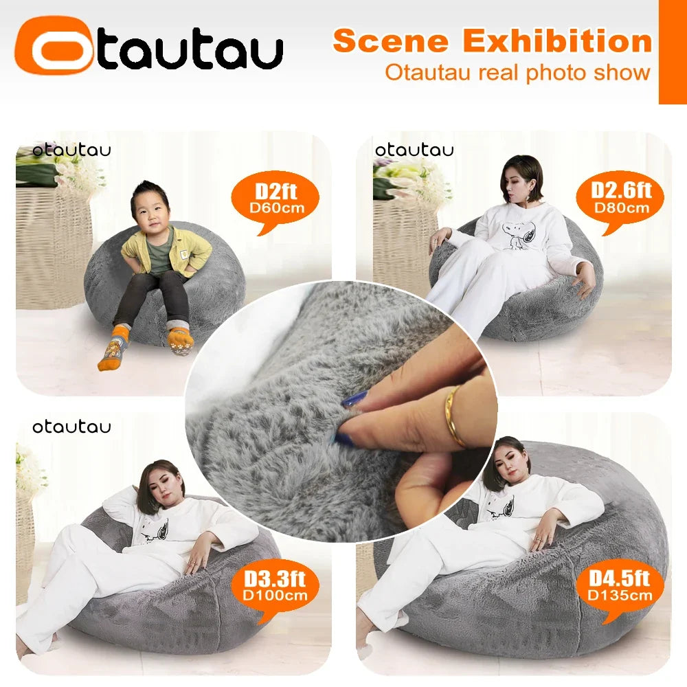 Gray faux fur bean bag pouf cover shown in different size corner seat setups