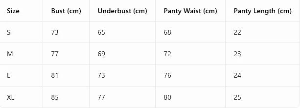 Size chart for lingerie set: S-XL bust, underbust, panty waist, and length (cm)