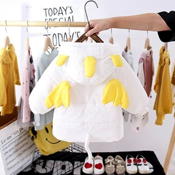White and yellow unicorn hooded puffer jacket with 3D ear and paw detail