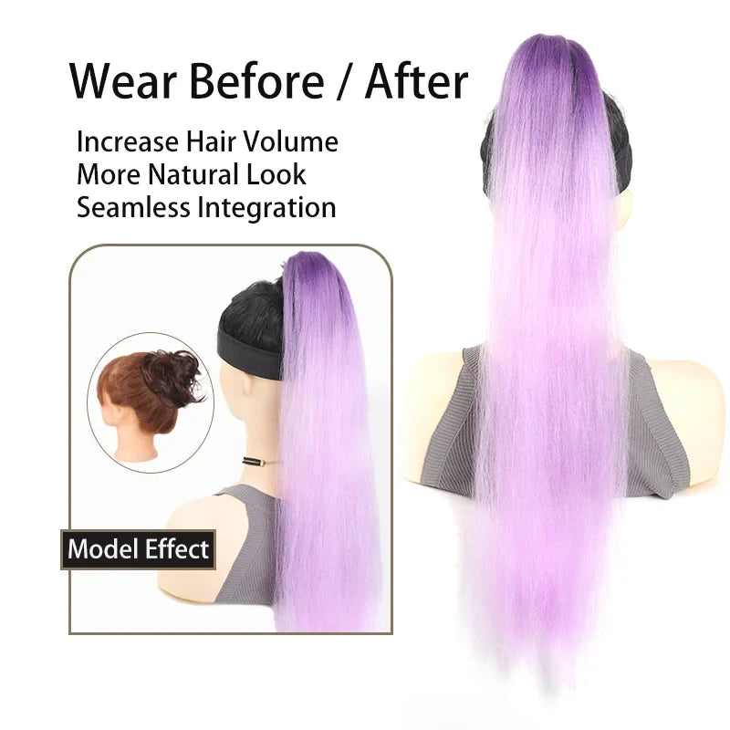 Lavender-to-pink synthetic ponytail extension on elastic band, straight long strands