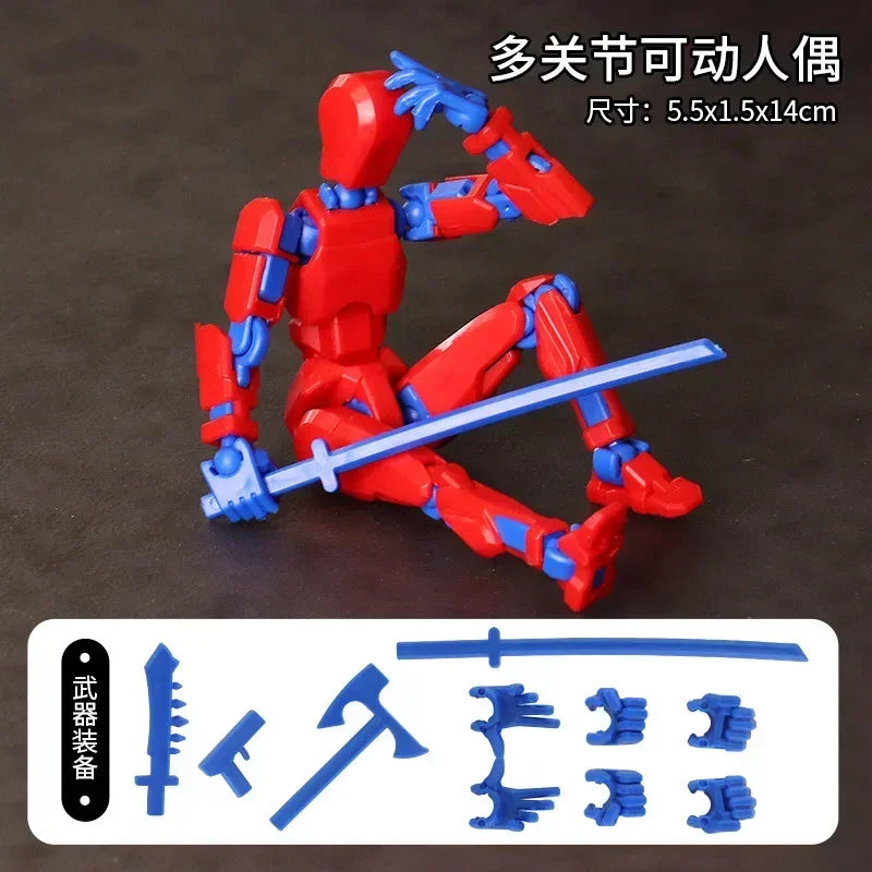 Red and blue multi-jointed robot action figure with long blue weapon and extra parts