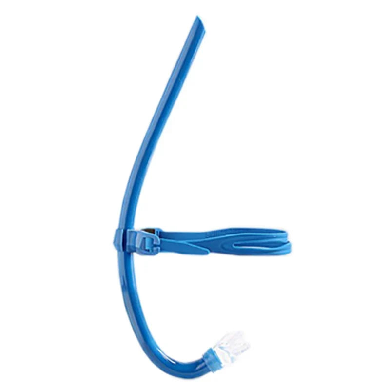 Swim training snorkel with center-mount silicone mouthpiece, blue curved tube