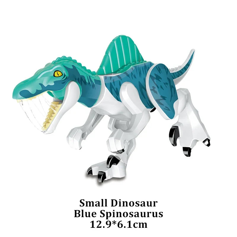 Blue and white Spinosaurus dinosaur building block figure with teal sail and open mouth