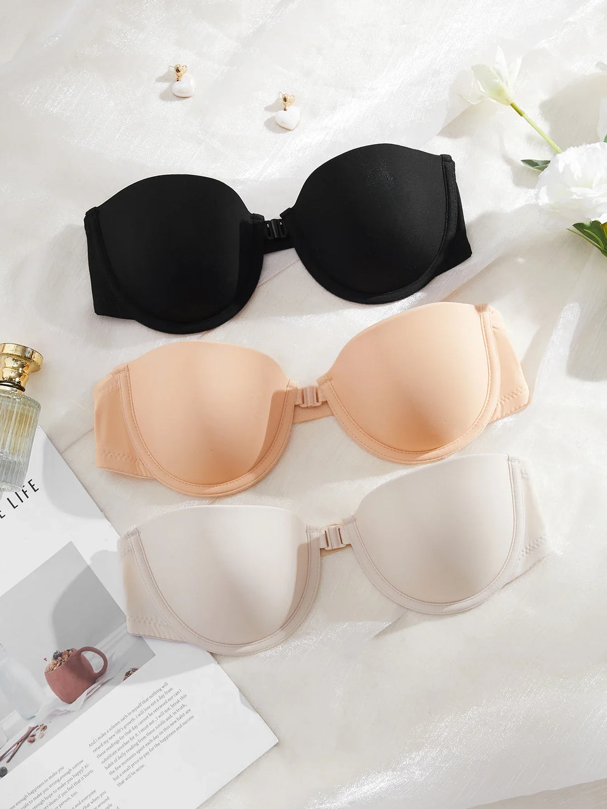 3-pack demi-cup underwire bras in black, peach, and white with adjustable hooks