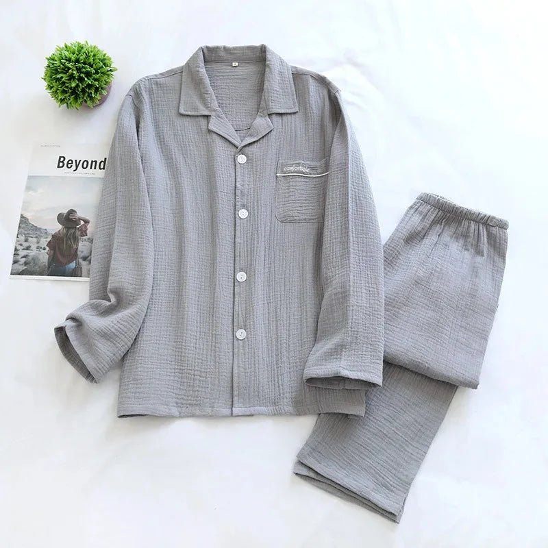 Gray cotton pajama set with button-up shirt and matching elastic-waist pants
