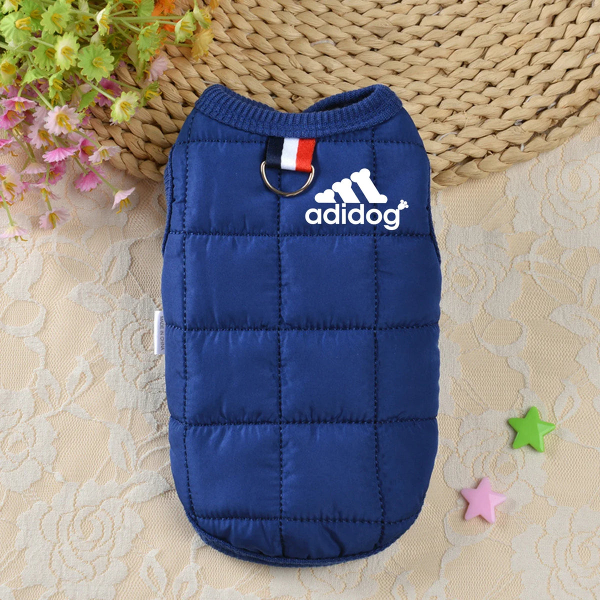 Blue puffer dog hoodie coat with hood, front ring, and adidog logo