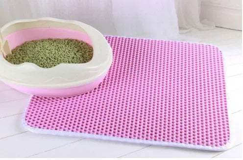 Double-layer waterproof cat litter mat, pink textured grid with rounded corners