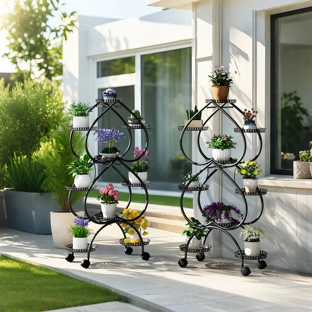 Black iron 9-pot rolling plant stand for outdoor patios with curved trays and 4 wheels