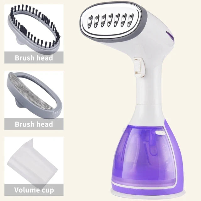 Handheld garment steamer in white and purple with brush heads and volume cup accessories