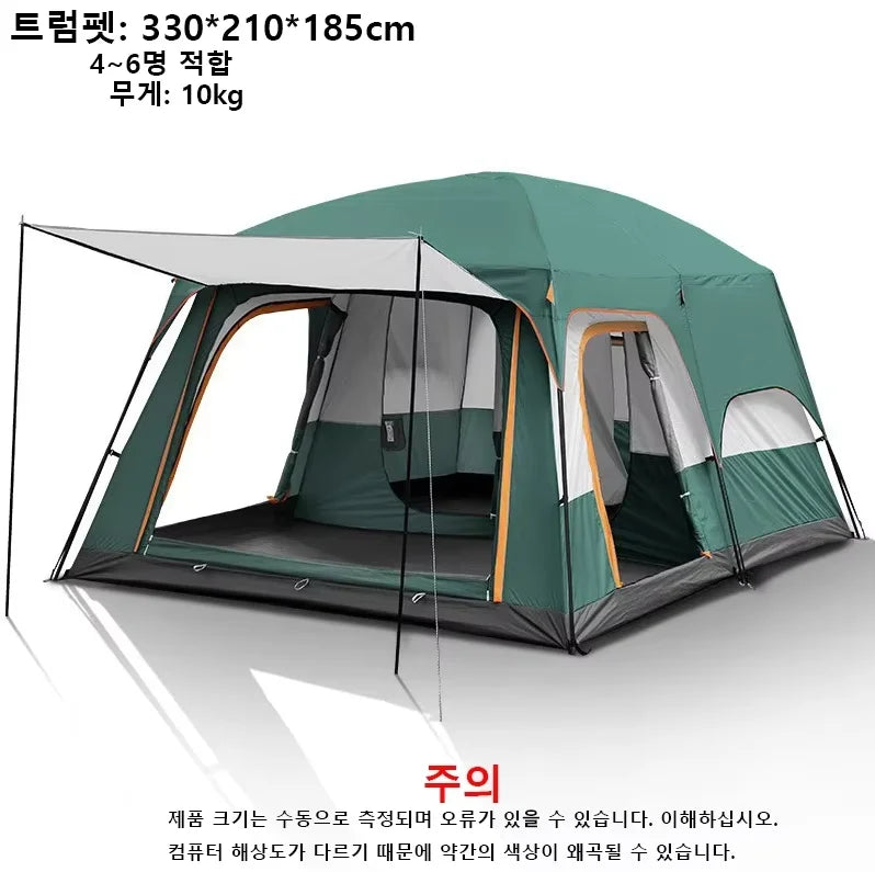 Green family camping tent with two rooms, rainfly, dark inner panels, side entrance