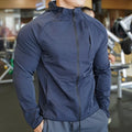 Men's nylon workout hoodie in dark blue, full-zip front, adjustable hood, front pocket
