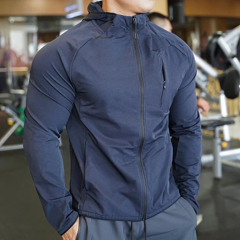 Men's nylon workout hoodie in dark blue, full-zip front, adjustable hood, front pocket