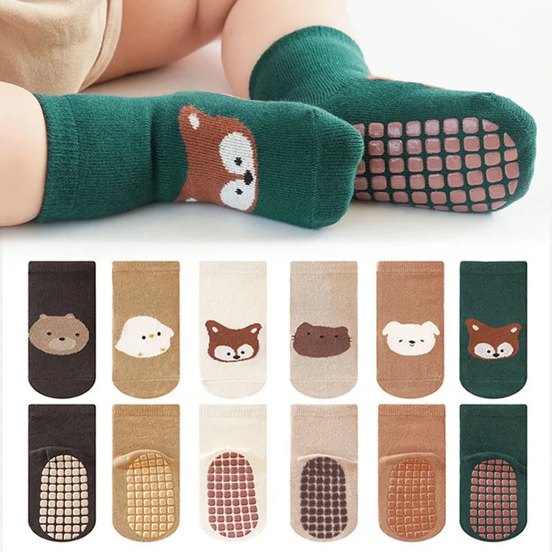 Kids non-slip socks set of 6, mixed colors with animal faces and gripped soles