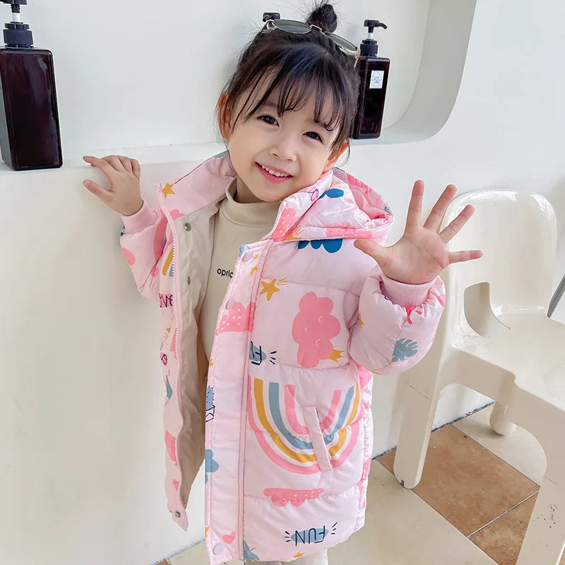 Kids hooded puffer jacket, pink with rainbow and animal print, front zip closure