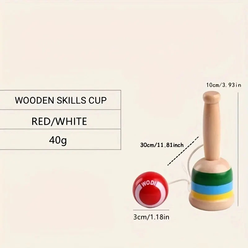 Red and white wooden cup-and-ball toy with a rainbow-striped cup and red ball