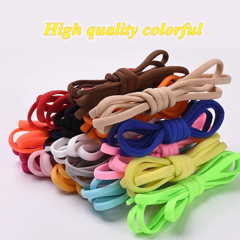 Assorted colorful no-tie elastic shoe laces bundled in stacks
