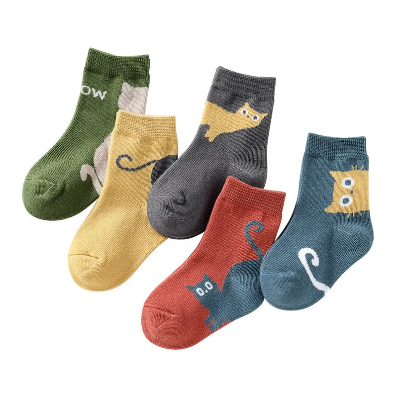 Kids cartoon cat crew socks, 5-pack assorted green yellow gray red teal pairs