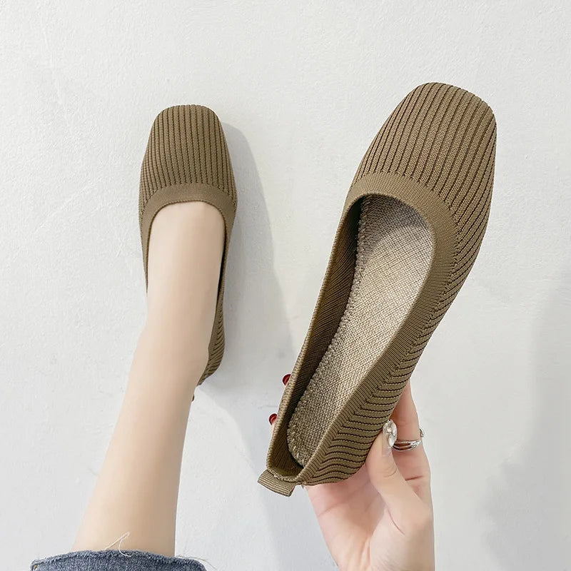 Women's knit slip-on flats in khaki, square toe, low flat sole