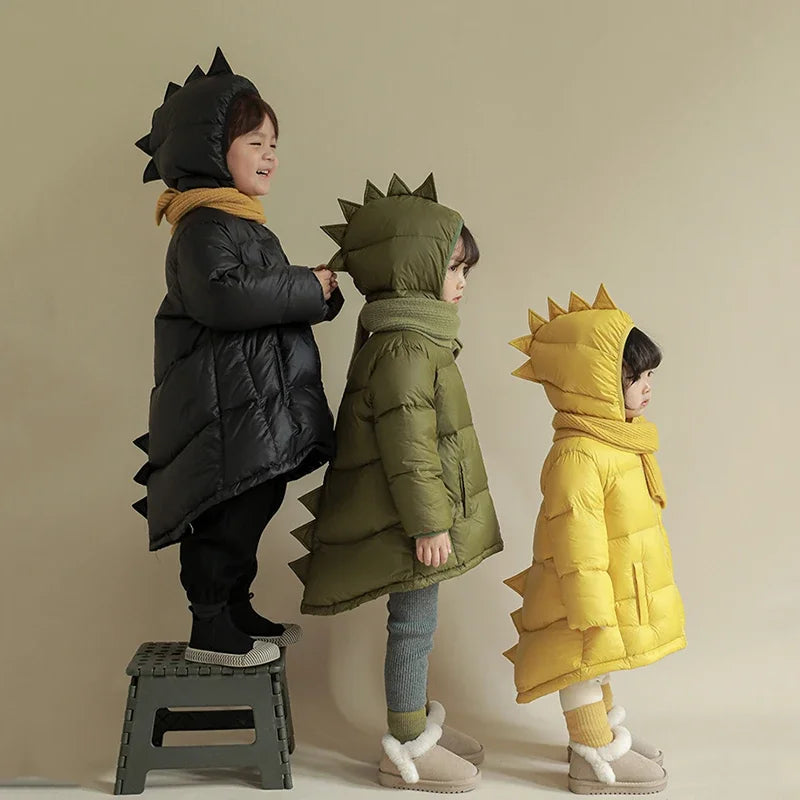 Kids dinosaur hood puffer parka coat in black, front view with spiked hood