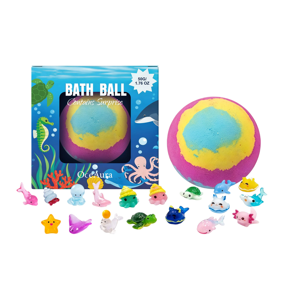 Bath ball with colorful swirl top, plus sea-themed surprise toy figurines and box
