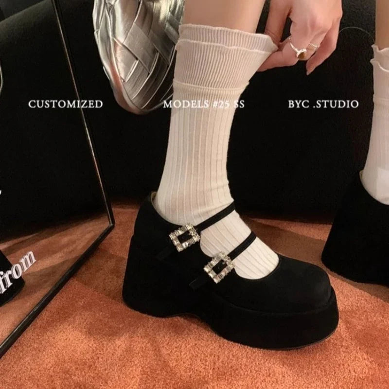 Black suede platform Mary Jane wedge shoes with double square buckle straps