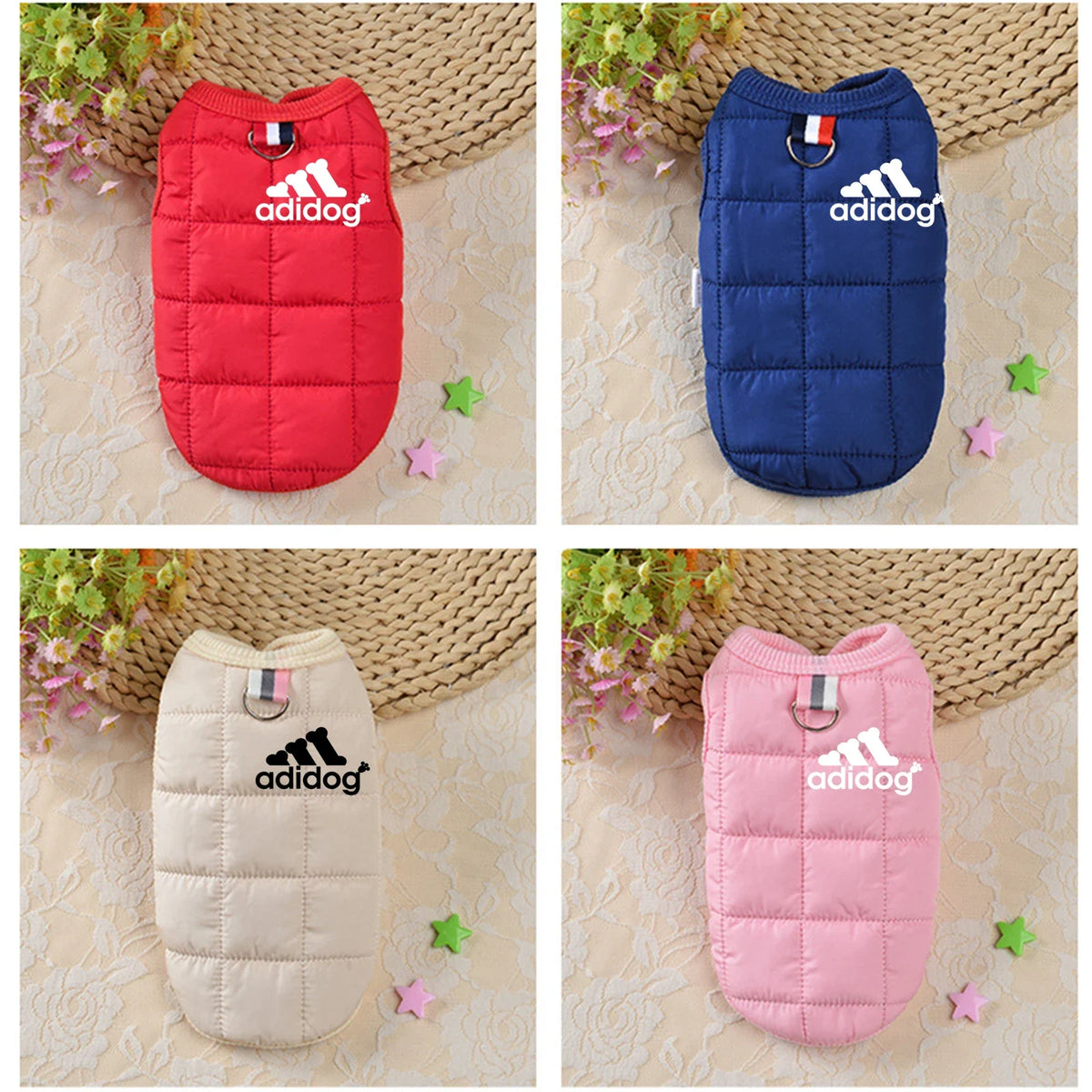 Set of four puffer dog hoodies in red, blue, pink, and white with logos