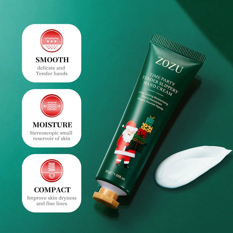 Green Christmas hand cream tube with a dollop of white cream and smooth icons
