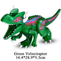 Green Velociraptor dinosaur building block figure with colorful dorsal patterns