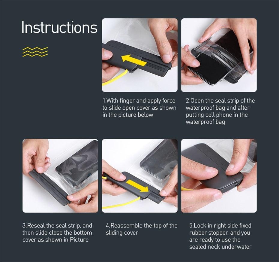 Hands sealing a black waterproof phone pouch with a snap strip closure