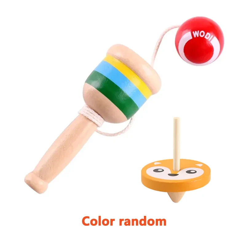 Wooden cup-and-ball toy with rainbow-striped cup and red ball, plus standing base