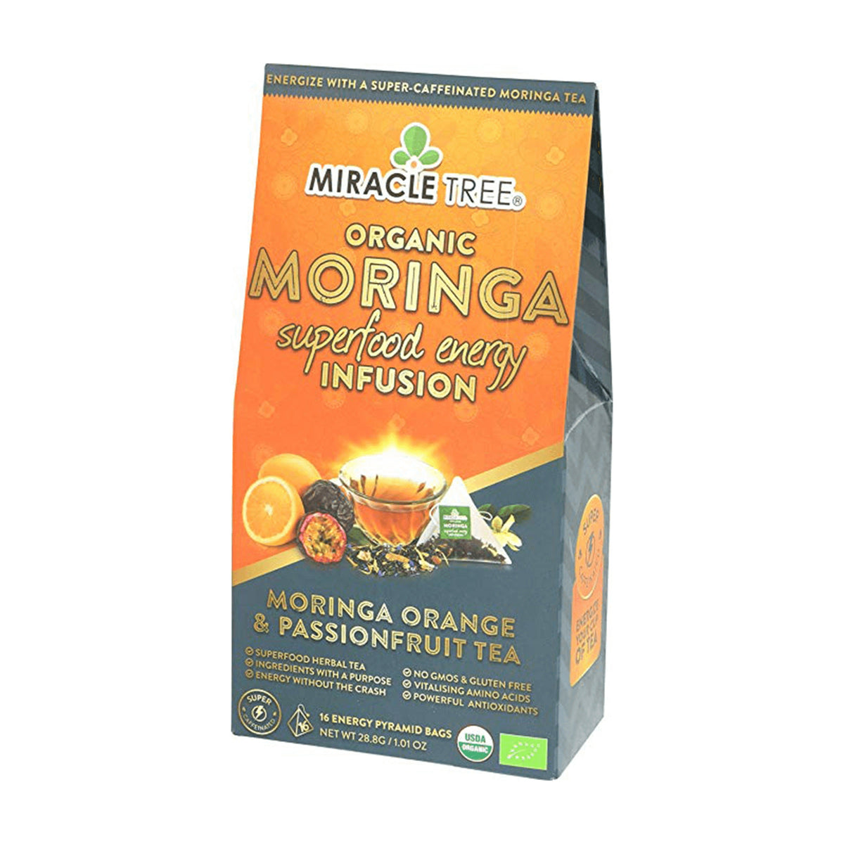 Organic moringa energy tea box with orange passionfruit flavor, upright package