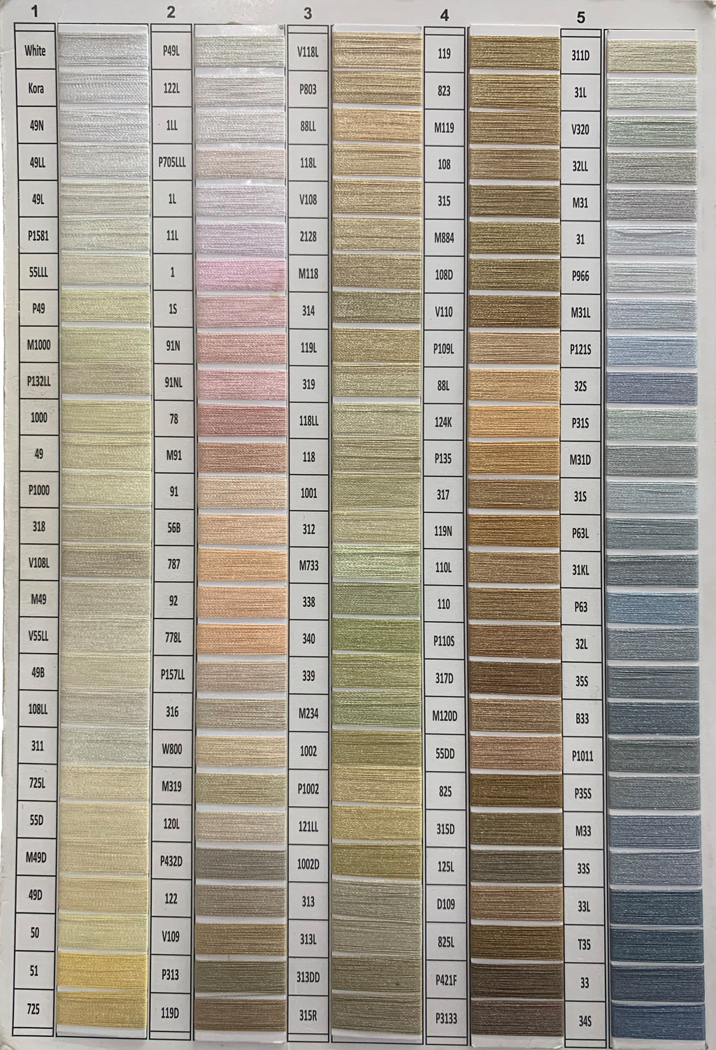Embroidery floss color chart showing light gray, beige, and gold shade cards