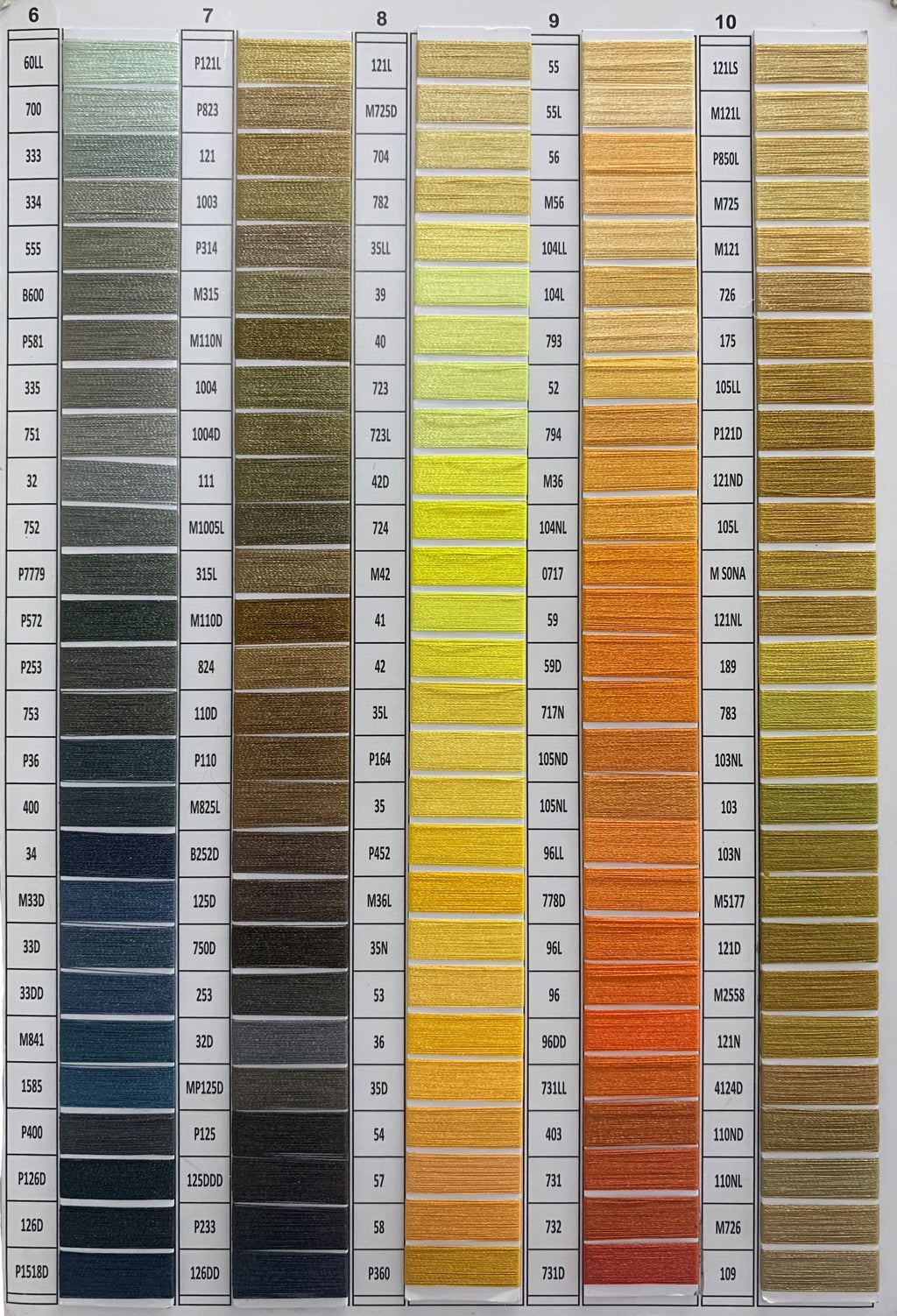 Embroidery floss color chart with yellow, olive, and orange shade cards