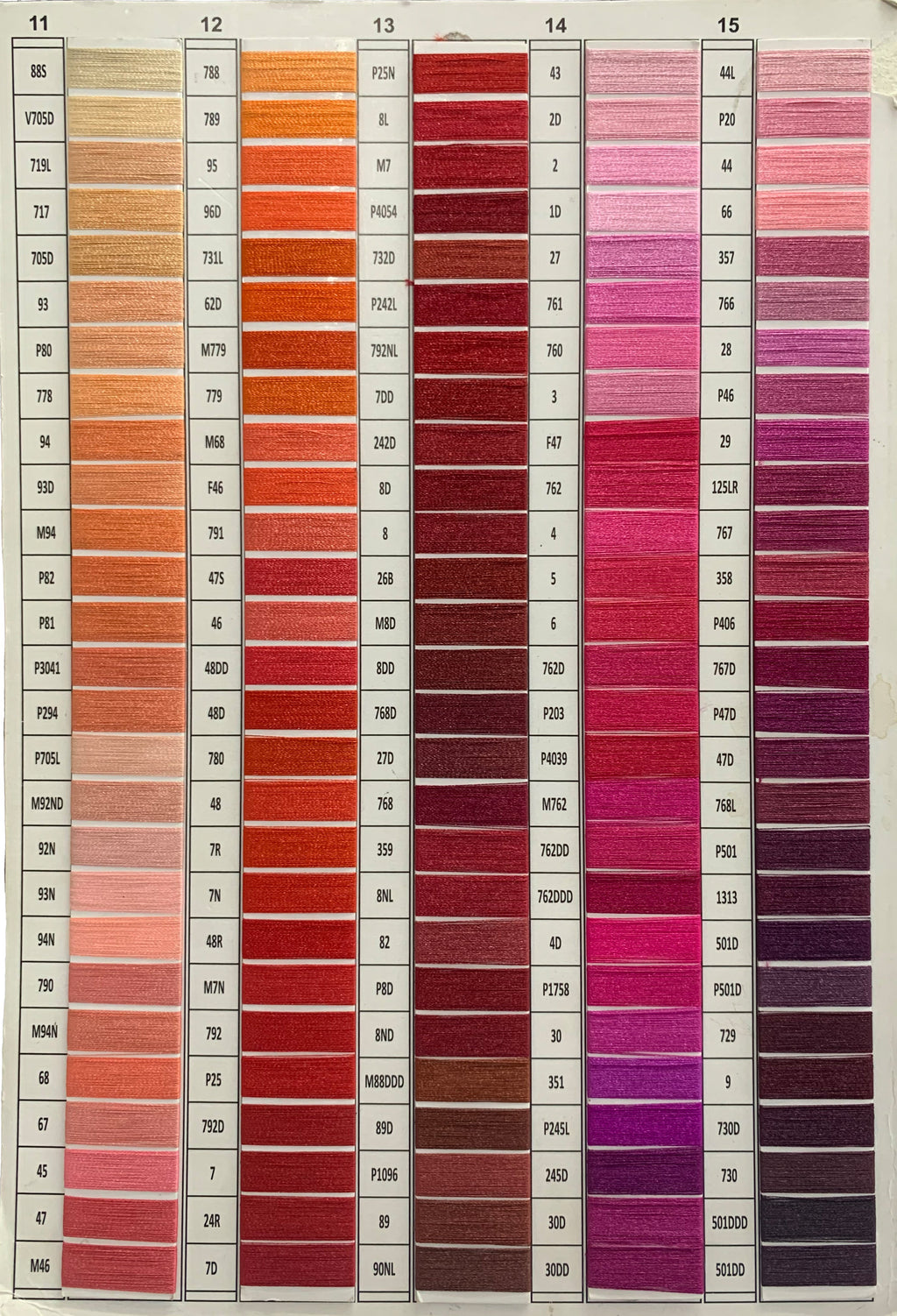 Embroidery floss color chart with red, pink, and burgundy shade cards