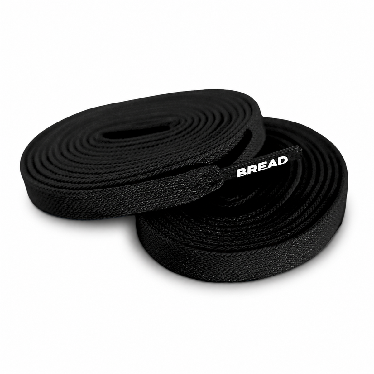 Black elastic shoelaces coiled in loops, with BREAD logo detail