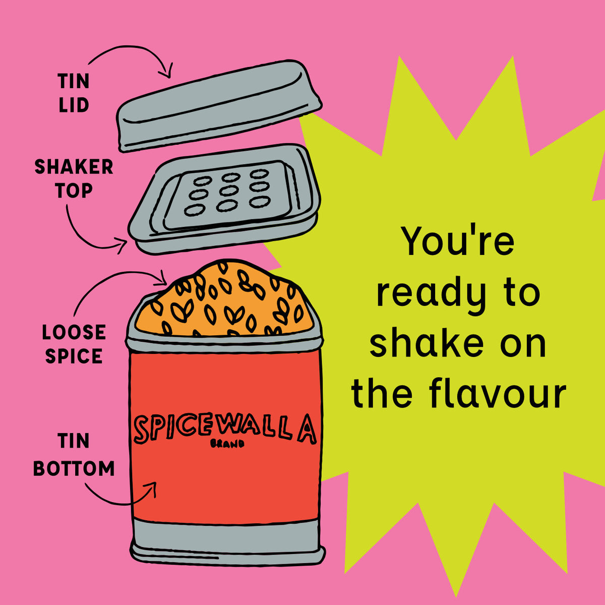 Illustrated SPICEWALLA shaker tin with flip-top lid and 'ready to shake' text
