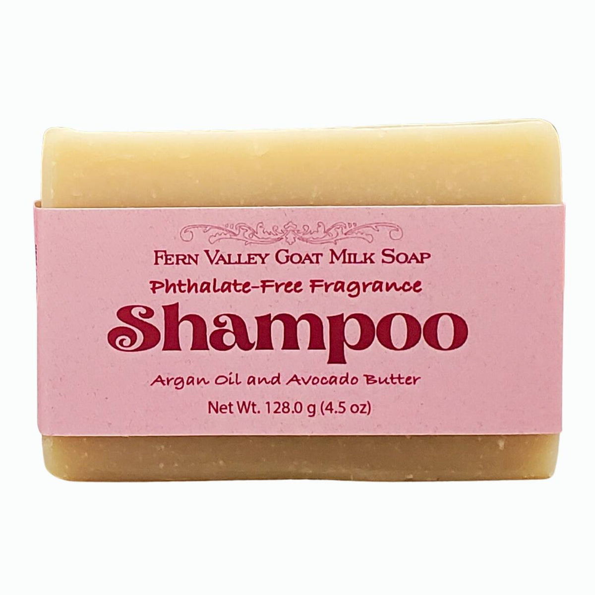 Handmade shampoo soap bar with pink label and tan bar, Argan oil and avocado butter