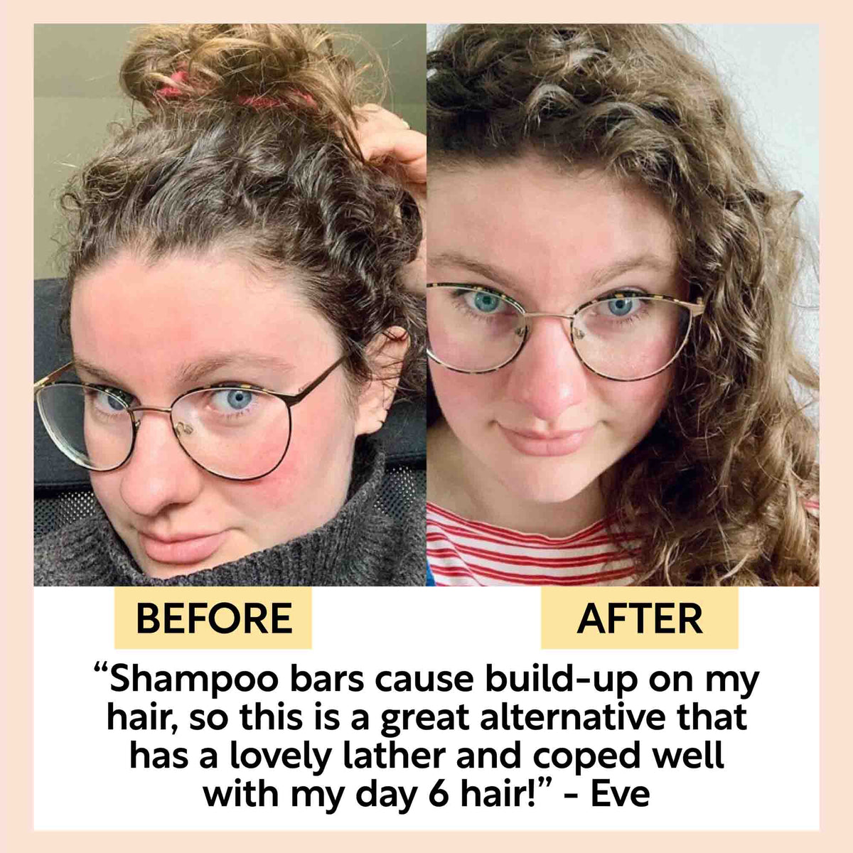 Split before-and-after portraits showing hairstyle comparison.