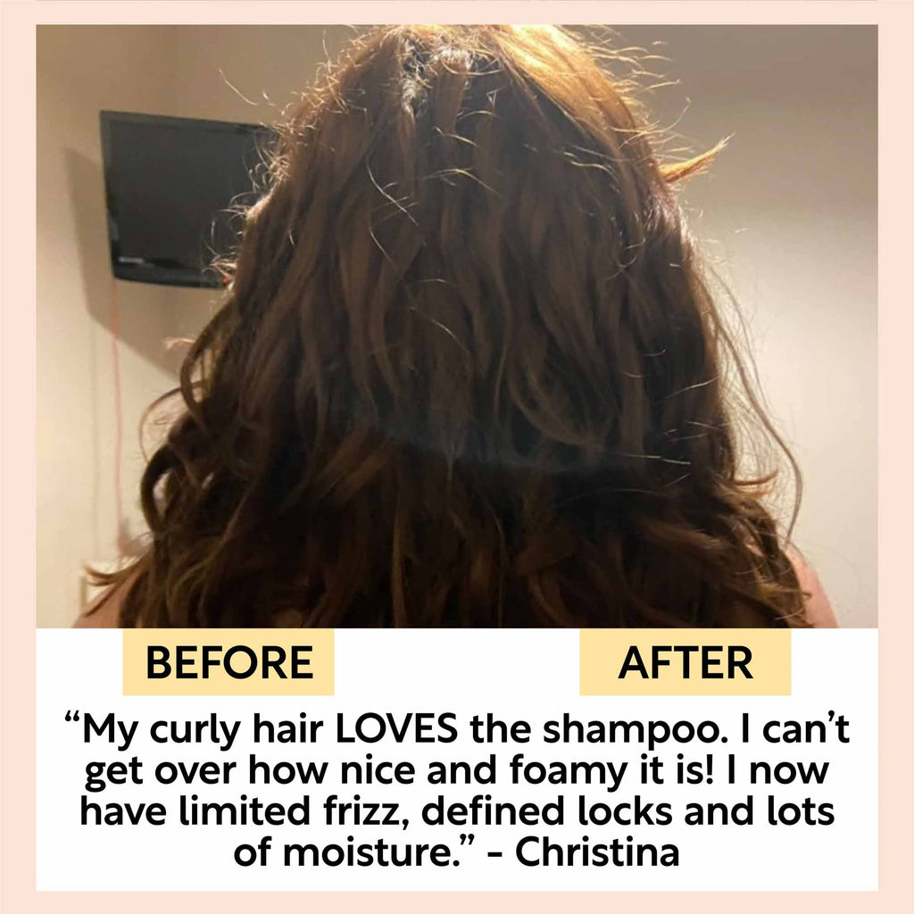 Curly dark hair showing before-and-after results from shampoo creme