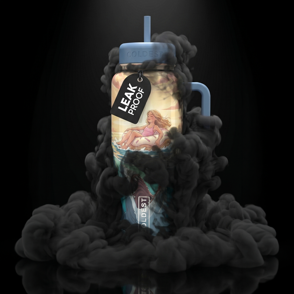 36oz insulated water bottle with handle, beach scene wrap, and smoky cloud design